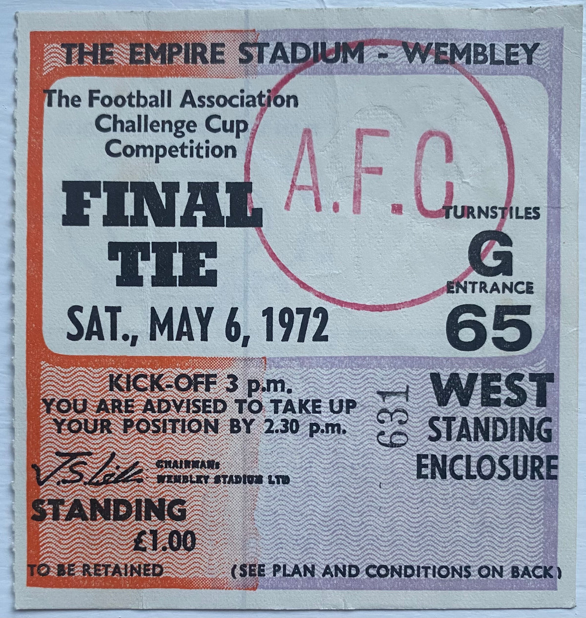 1972 ORIGINAL FA CUP FINAL TICKET ARSENAL V LEEDS UNITED