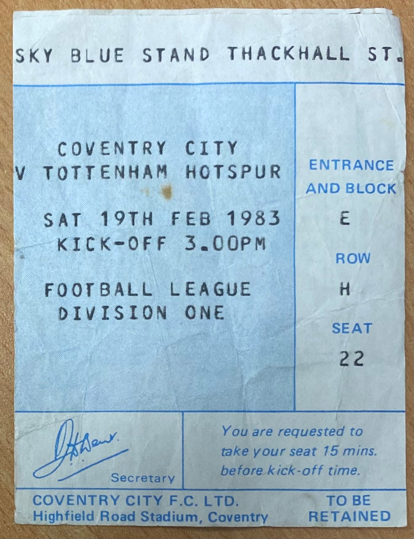 1982/83 ORIGINAL DIVISION ONE TICKET COVENTRY CITY V TOTTENHAM HOTSPUR