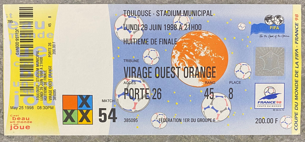 1998 ORIGINAL WORLD CUP 2ND ROUND UNUSED TICKET NETHERLANDS V YUGOSLAVIA @ TOULOUSE