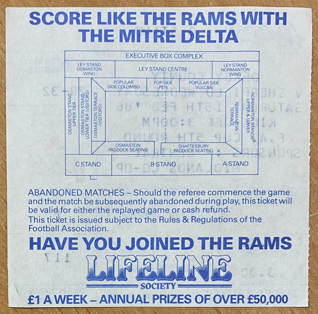 1985/86 ORIGINAL FA CUP 5TH ROUND TICKET DERBY COUNTY V SHEFFIELD WEDNESDAY