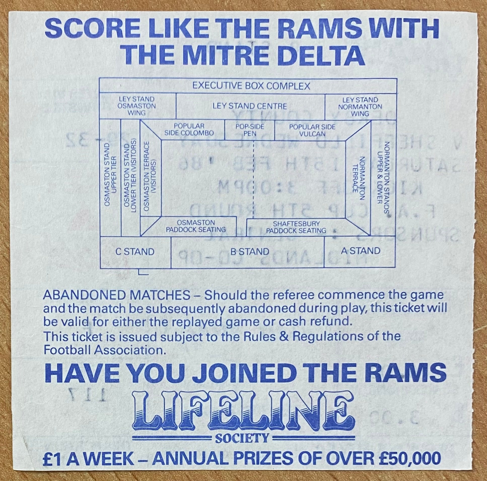 1985/86 ORIGINAL FA CUP 5TH ROUND TICKET DERBY COUNTY V SHEFFIELD WEDNESDAY