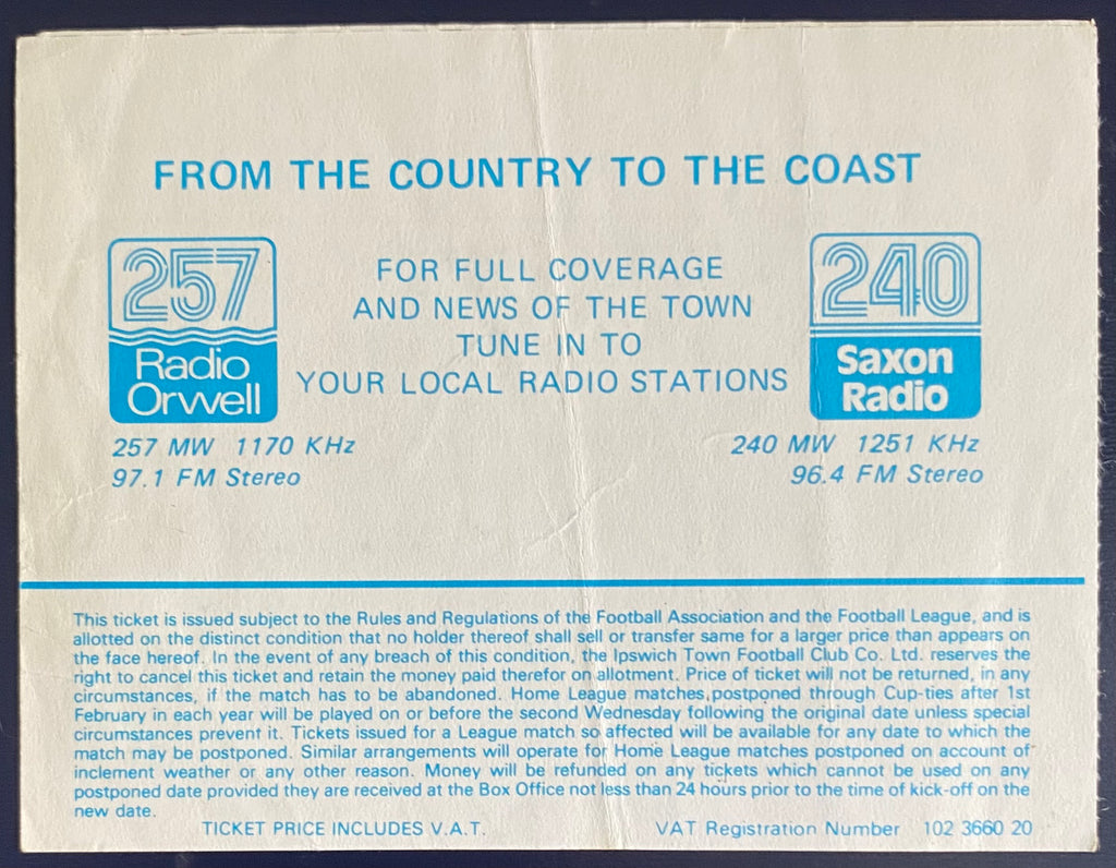 1987/88 ORIGINAL DIVISION 2 TICKET IPSWICH TOWN V LEEDS UNITED