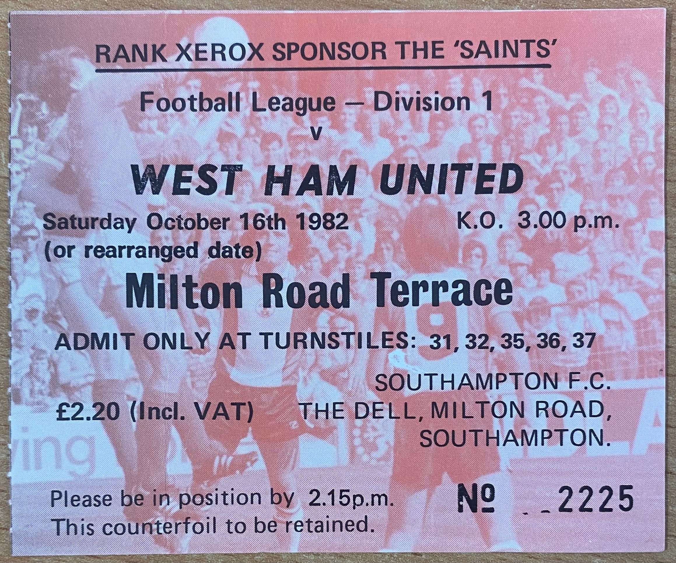 1982/83 ORIGINAL DIVISION ONE TICKET SOUTHAMPTON V WEST HAM UNITED