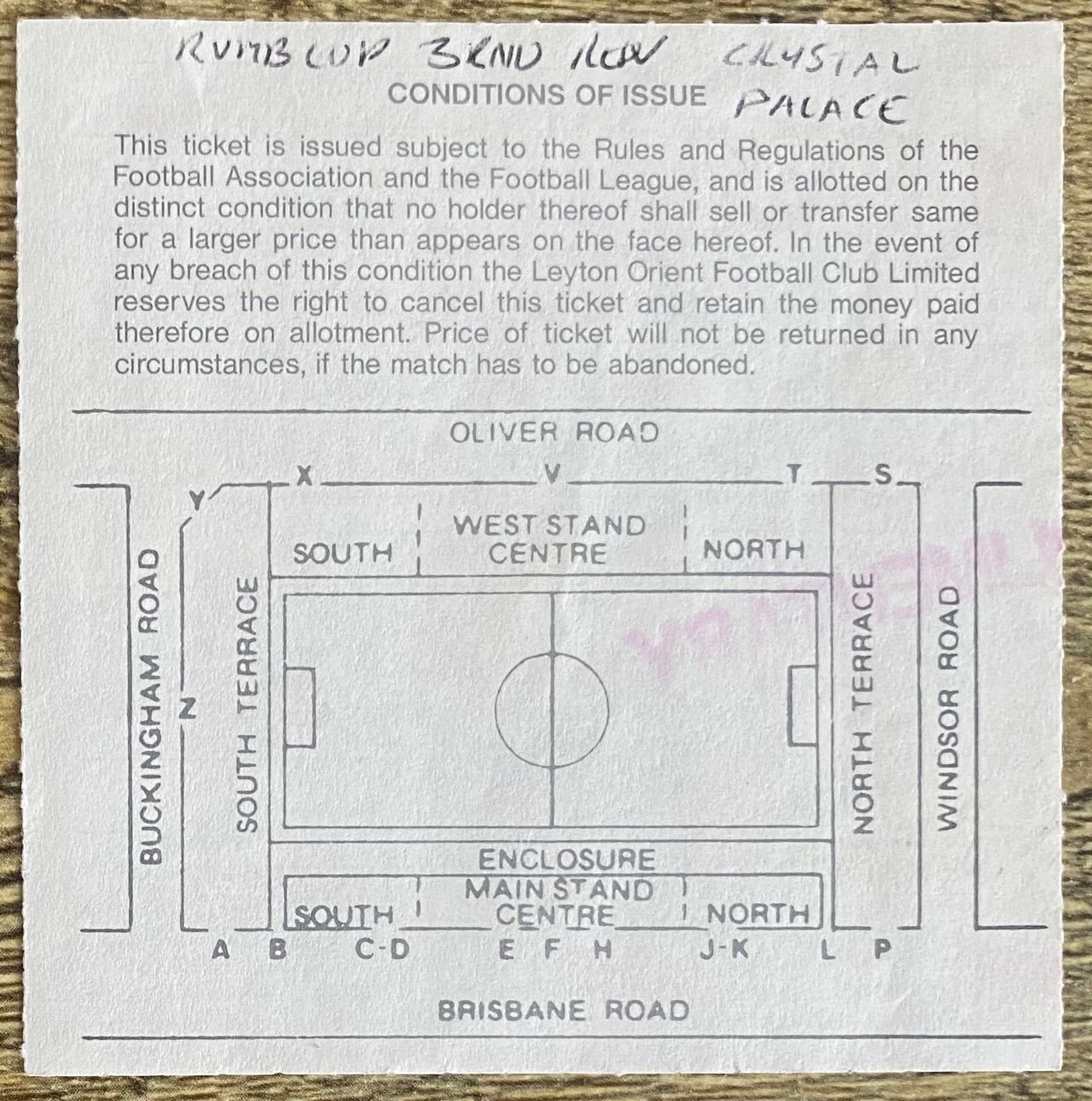 1990/91 ORIGINAL RUMBELOWS CUP 3RD ROUND REPLAY TICKET LEYTON ORIENT V CRYSTAL PALACE