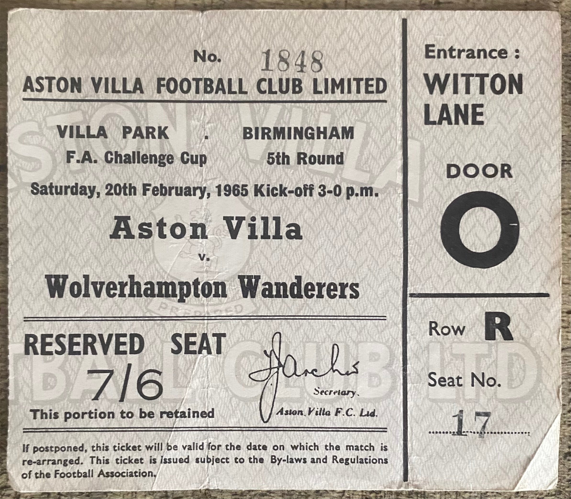 1964/65 ORIGINAL FA CUP 5TH ROUND TICKET ASTON VILLA V WOLVERHAMPTON WANDERERS