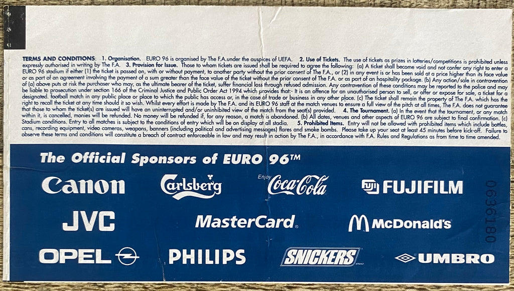 1996 ORIGINAL EUROPEAN CHAMPIONSHIPS EURO 96 SEMI FINAL TICKET ENGLAND V GERMANY @ WEMBLEY