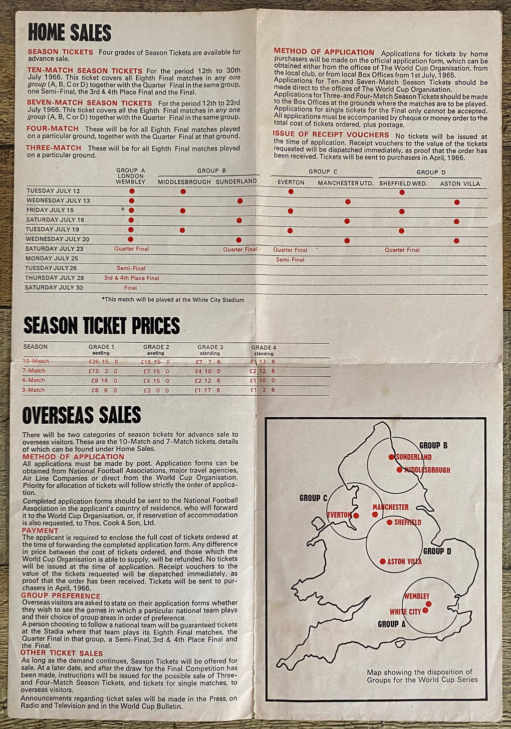 1966 WORLD CUP ORIGINAL OFFICIAL TICKET INFORMATION FOLD OUT BOOKLET
