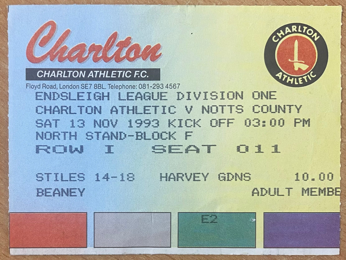 1993/94 ORIGINAL DIVISION 1 TICKET CHARLTON ATHLETIC V NOTTS COUNTY