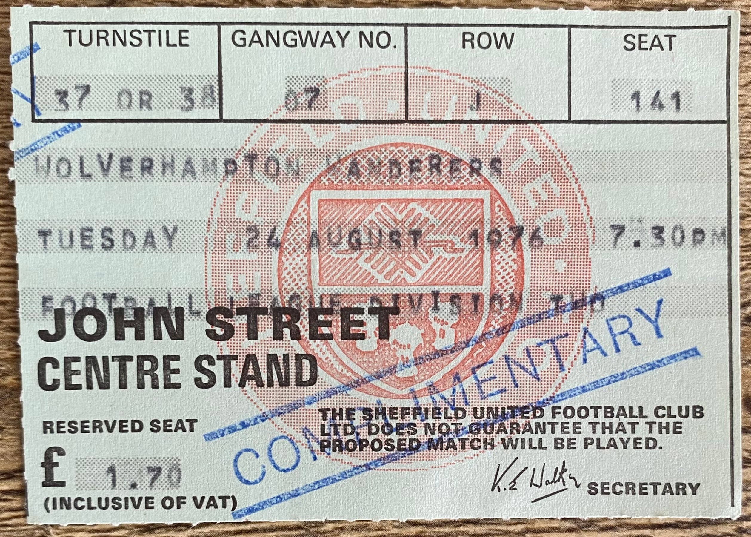 1976/77 ORIGINAL DIVISION 2 TICKET SHEFFIELD UNITED V WOLVERHAMPTON WANDERERS