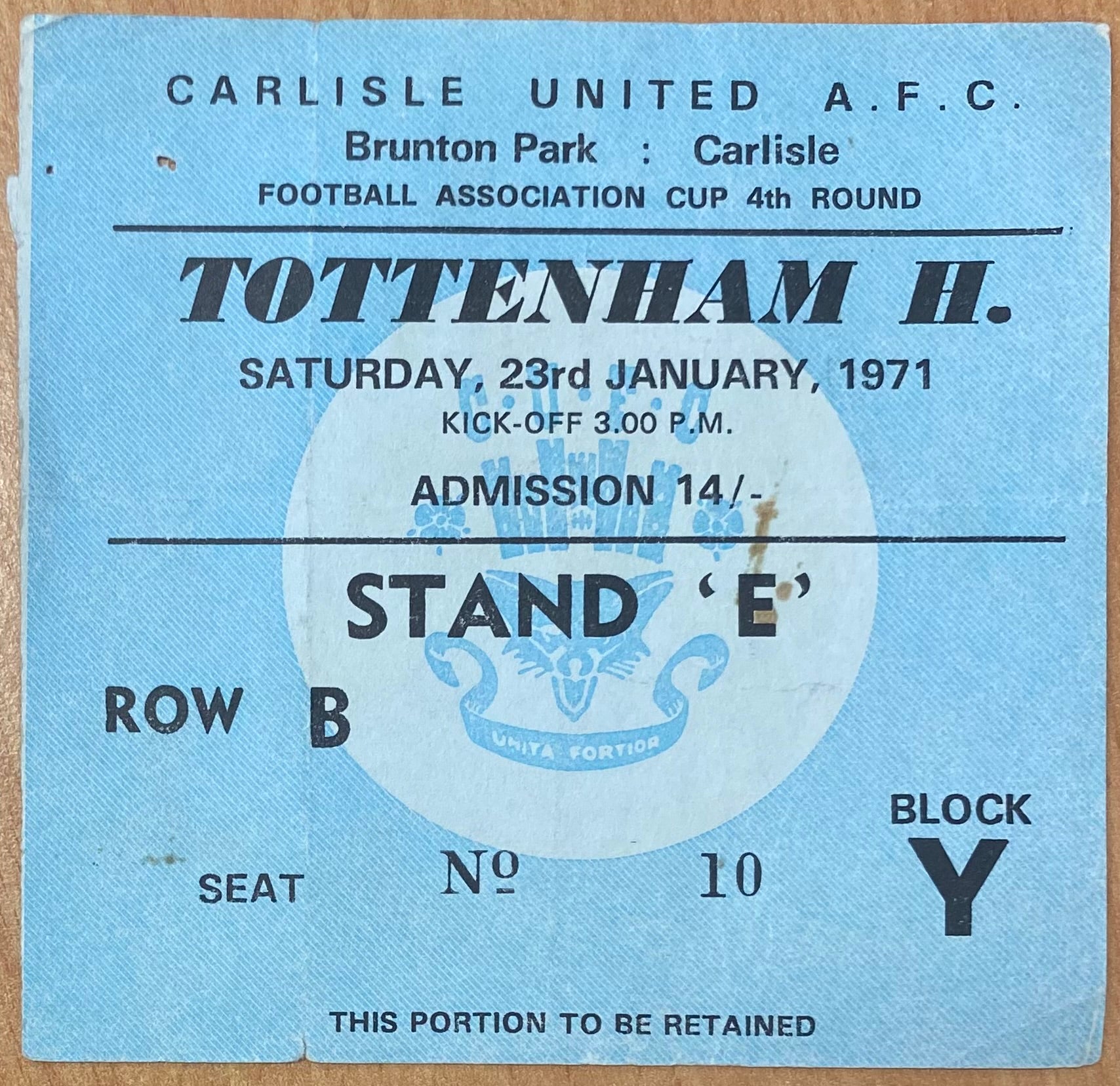 1970/71 ORIGINAL FA CUP 4TH ROUND TICKET CARLISLE UNITED V TOTTENHAM HOTSPUR