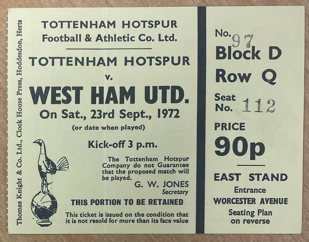 1972/73 ORIGINAL DIVISION ONE TICKET TOTTENHAM HOTSPUR V WEST HAM UNITED