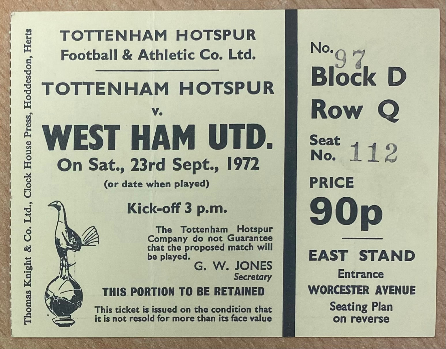 1972/73 ORIGINAL DIVISION ONE TICKET TOTTENHAM HOTSPUR V WEST HAM UNITED