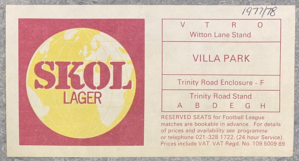 1977/78 ORIGINAL DIVISION ONE TICKET ASTON VILLA V MANCHESTER CITY