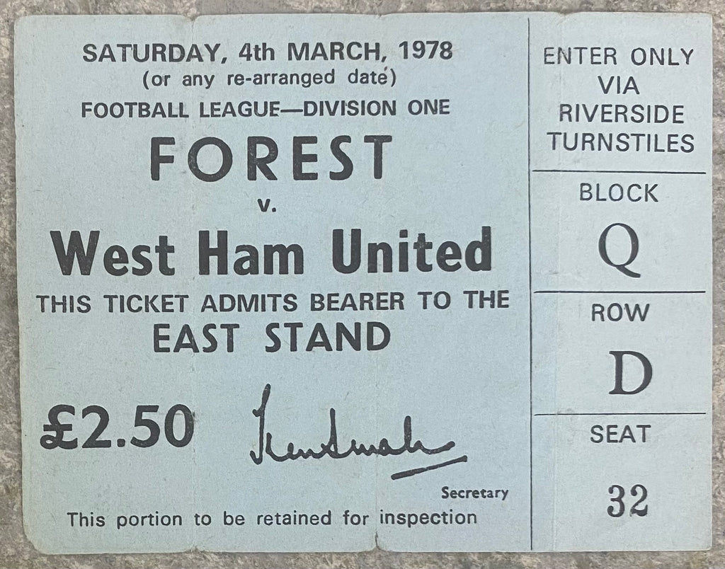 1977/78 ORIGINAL DIVISION 1 TICKET NOTTINGHAM FOREST V WEST HAM UNITED