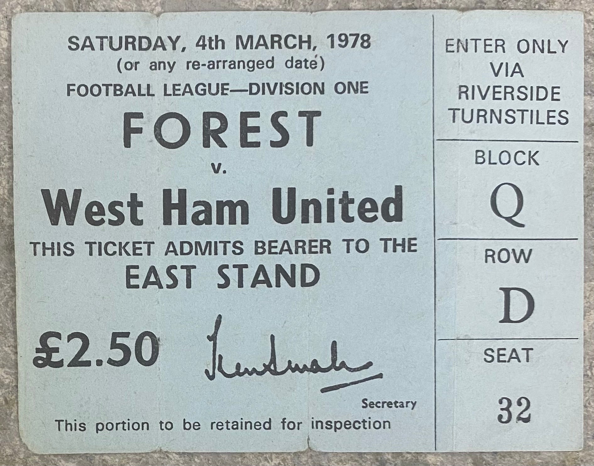 1977/78 ORIGINAL DIVISION 1 TICKET NOTTINGHAM FOREST V WEST HAM UNITED