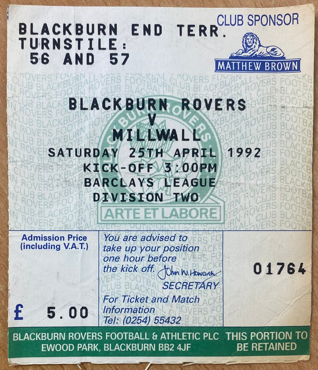1991/92 ORIGINAL DIVISION 2 TICKET BLACKBURN ROVERS V MILLWALL