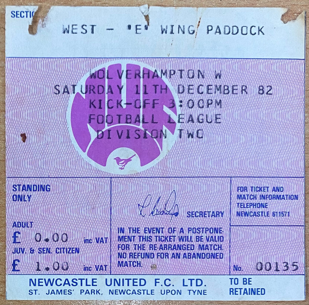 1982/83 ORIGINAL DIVISION TWO TICKET NEWCASTLE UNITED V WOLVERHAMPTON WANDERERS