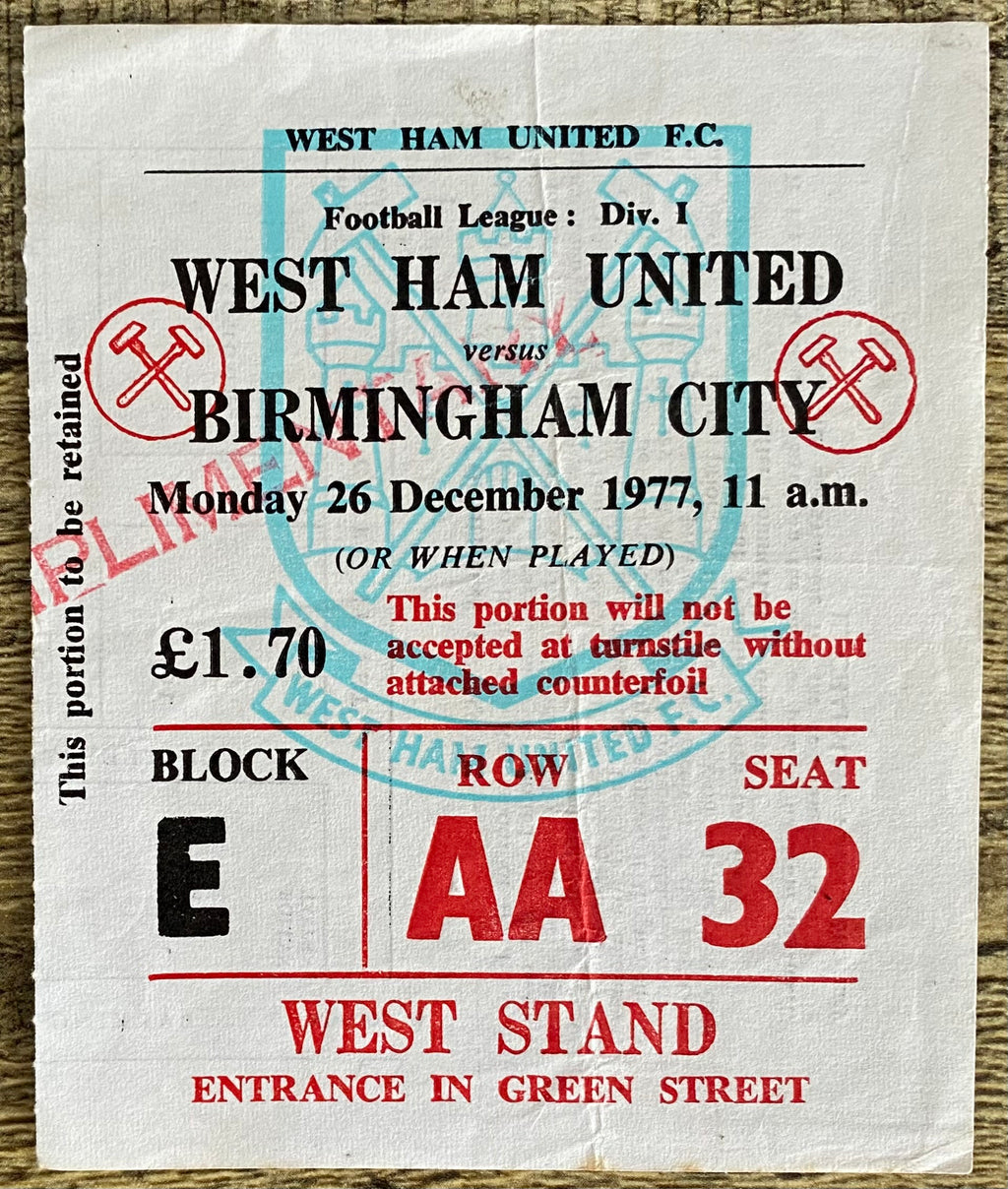 1977/78 ORIGINAL DIVISION ONE TICKET WEST HAM UNITED V BIRMINGHAM CITY