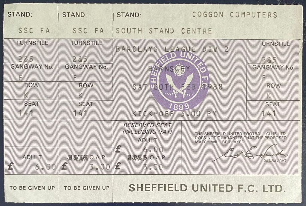 1987/88 ORIGINAL DIVISION 2 UNUSED TICKET SHEFFIELD UNITED V BARNSLEY