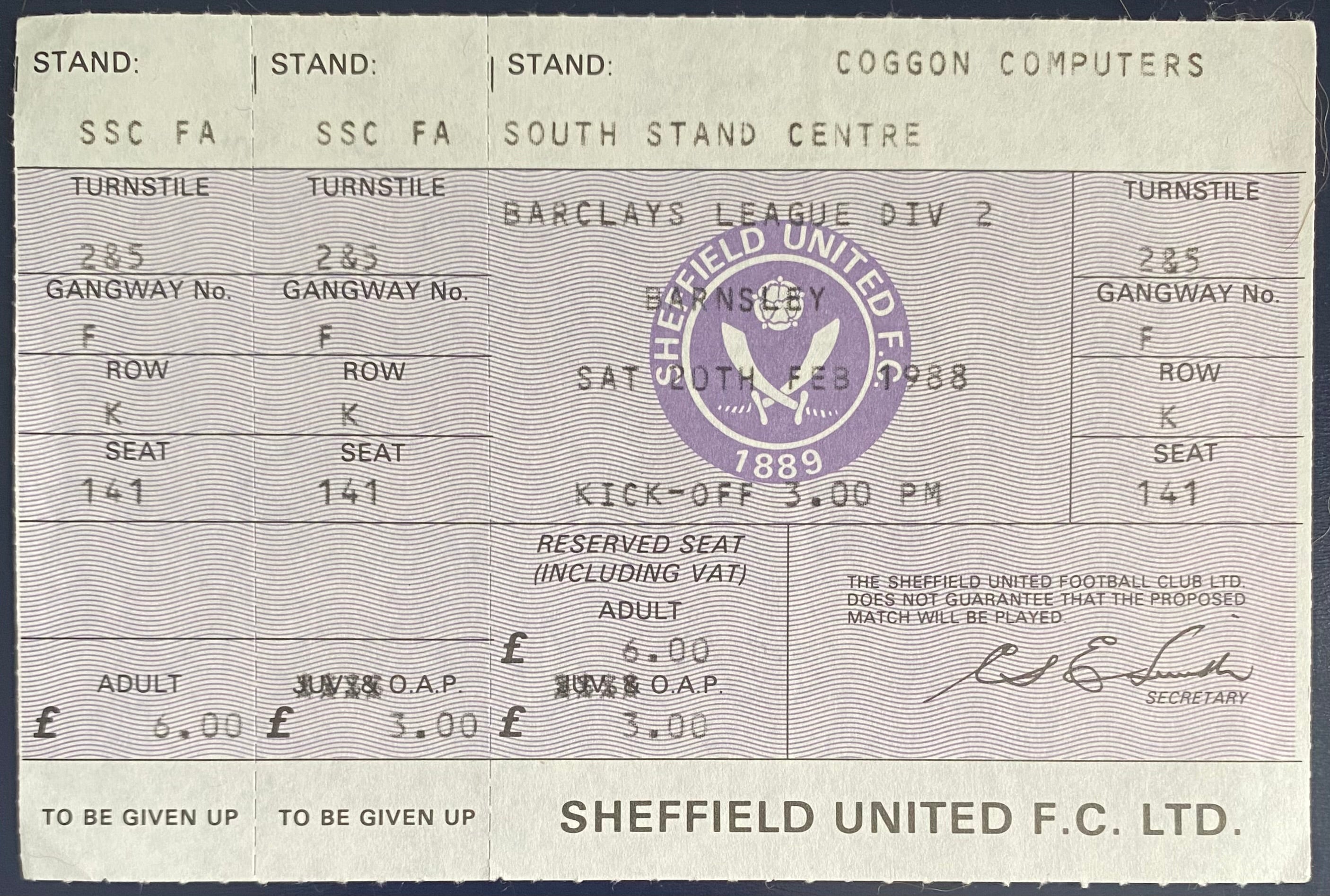 1987/88 ORIGINAL DIVISION 2 UNUSED TICKET SHEFFIELD UNITED V BARNSLEY