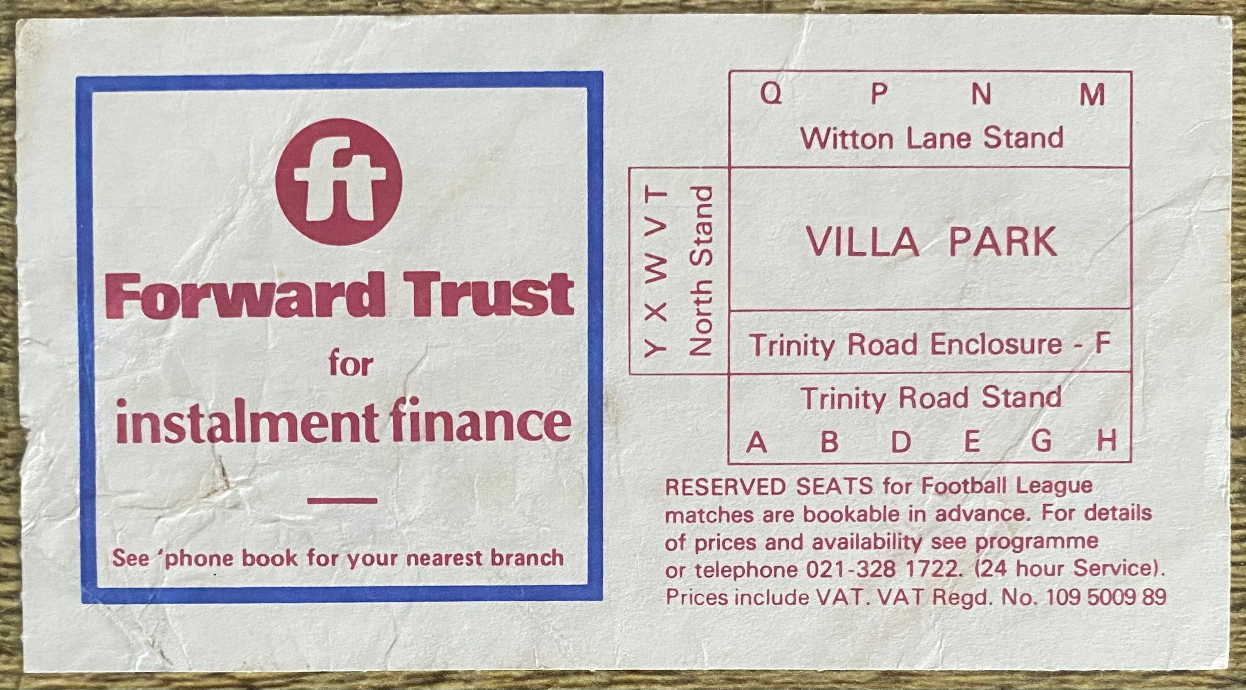 1983/84 ORIGINAL MILK CUP 2ND ROUND 2ND LEG TICKET ASTON VILLA V PORTSMOUTH