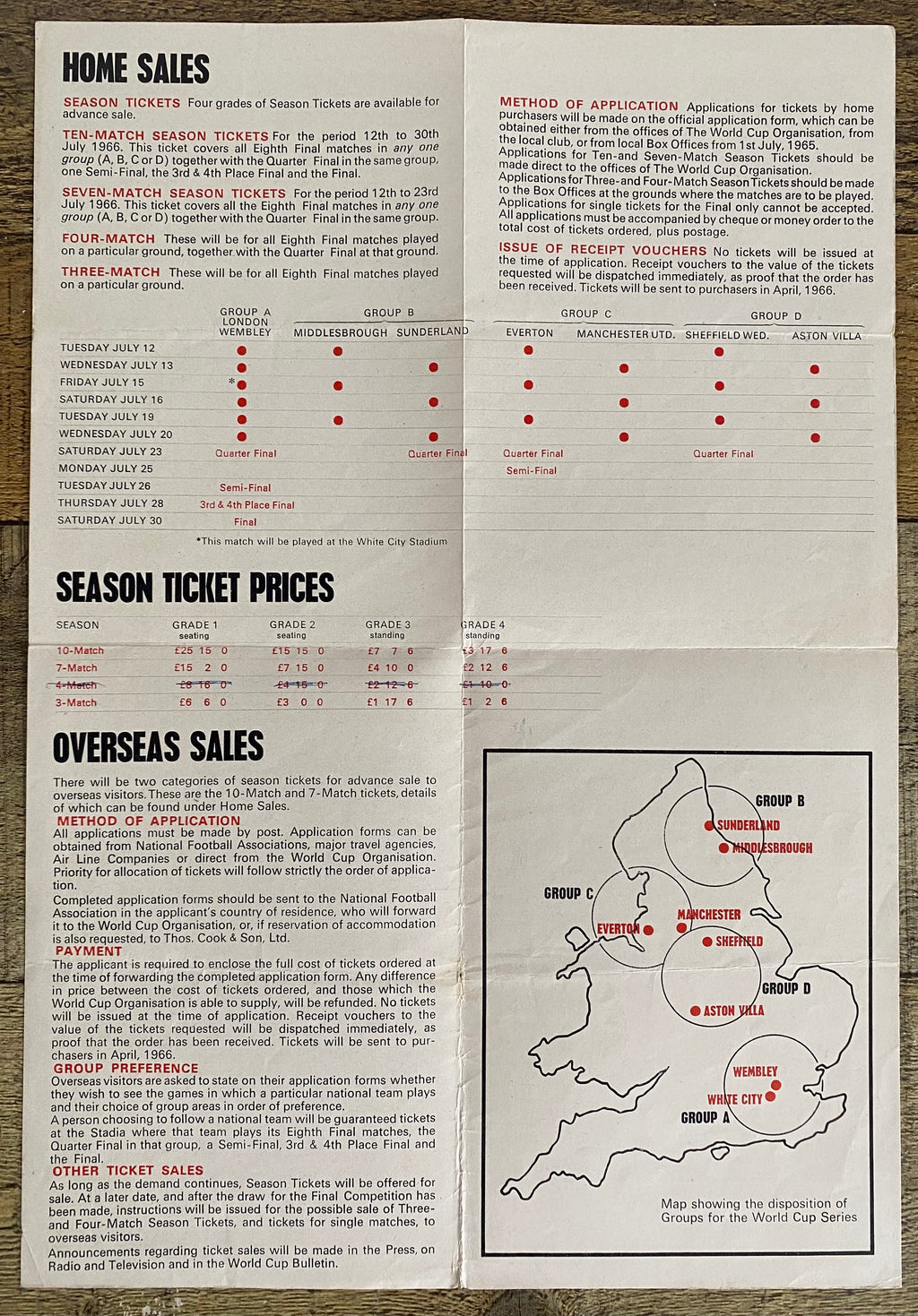 1966 WORLD CUP ORIGINAL OFFICIAL TICKET INFORMATION FOLD OUT BOOKLET