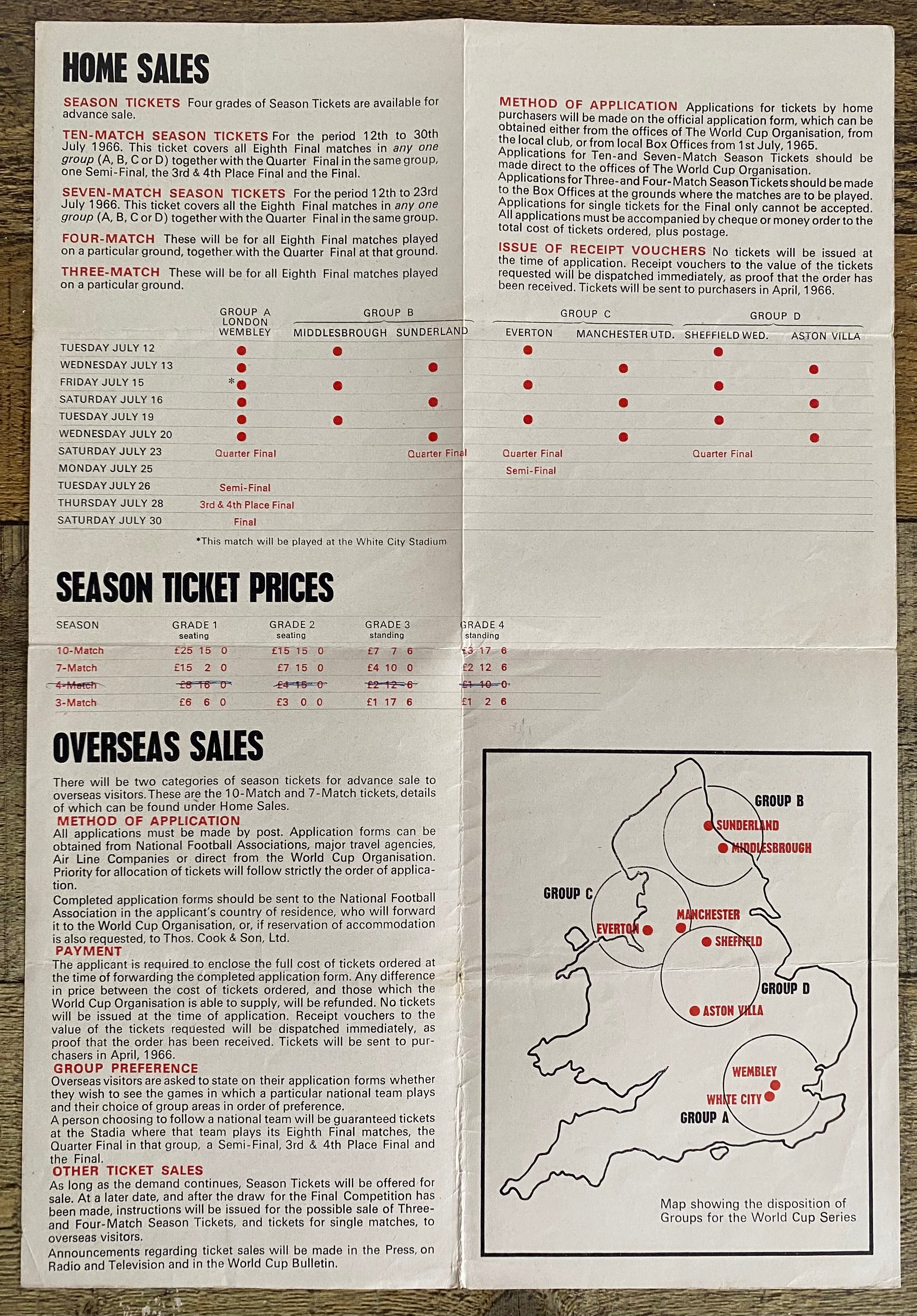 1966 WORLD CUP ORIGINAL OFFICIAL TICKET INFORMATION FOLD OUT BOOKLET