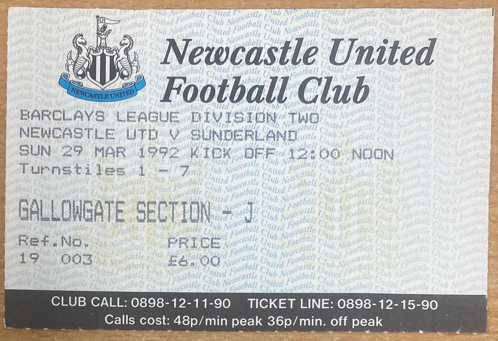 1991/92 ORIGINAL DIVISION 2 TICKET NEWCASTLE UNITED V SUNDERLAND