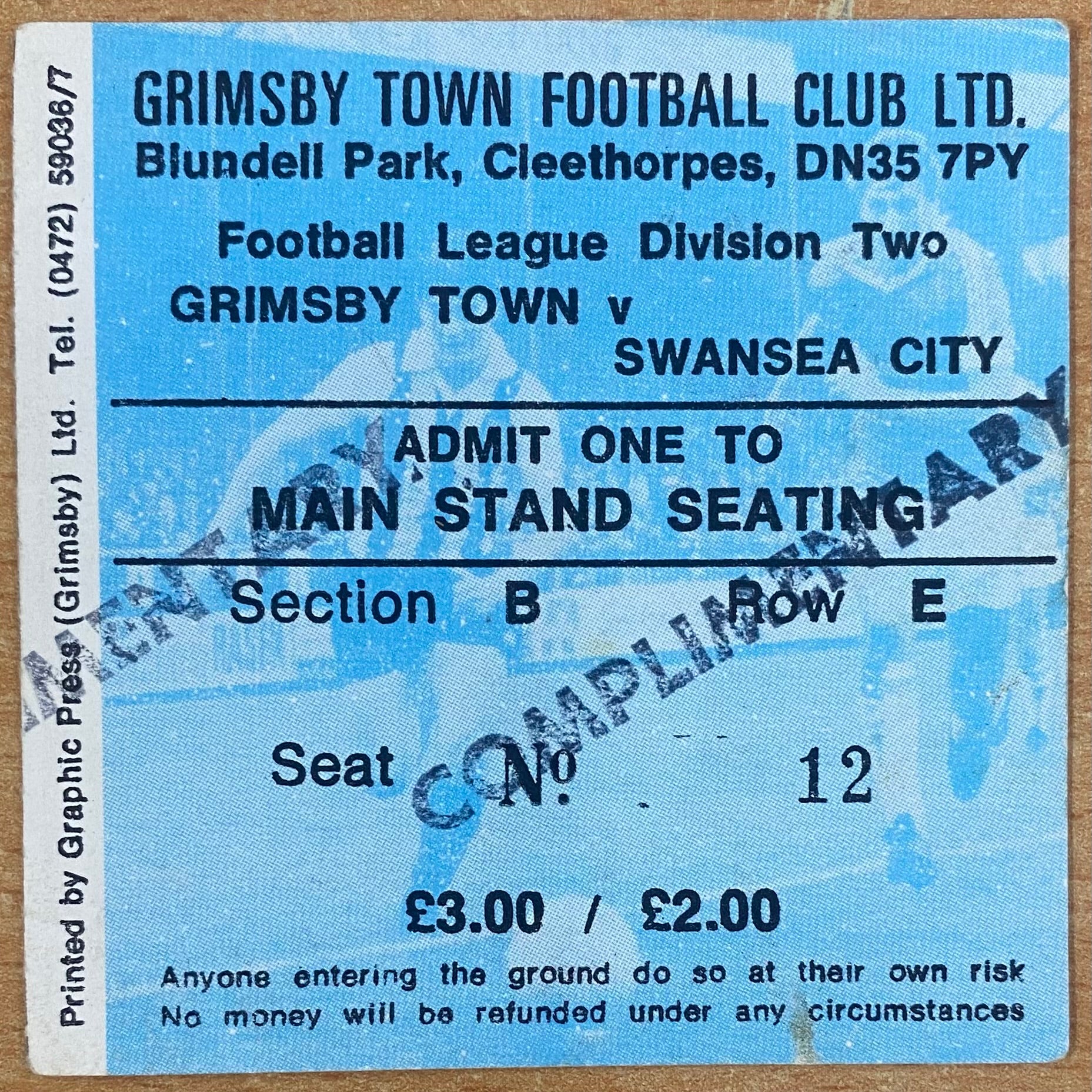 1980/81 ORIGINAL DIVISION TWO TICKET GRIMSBY TOWN V SWANSEA CITY