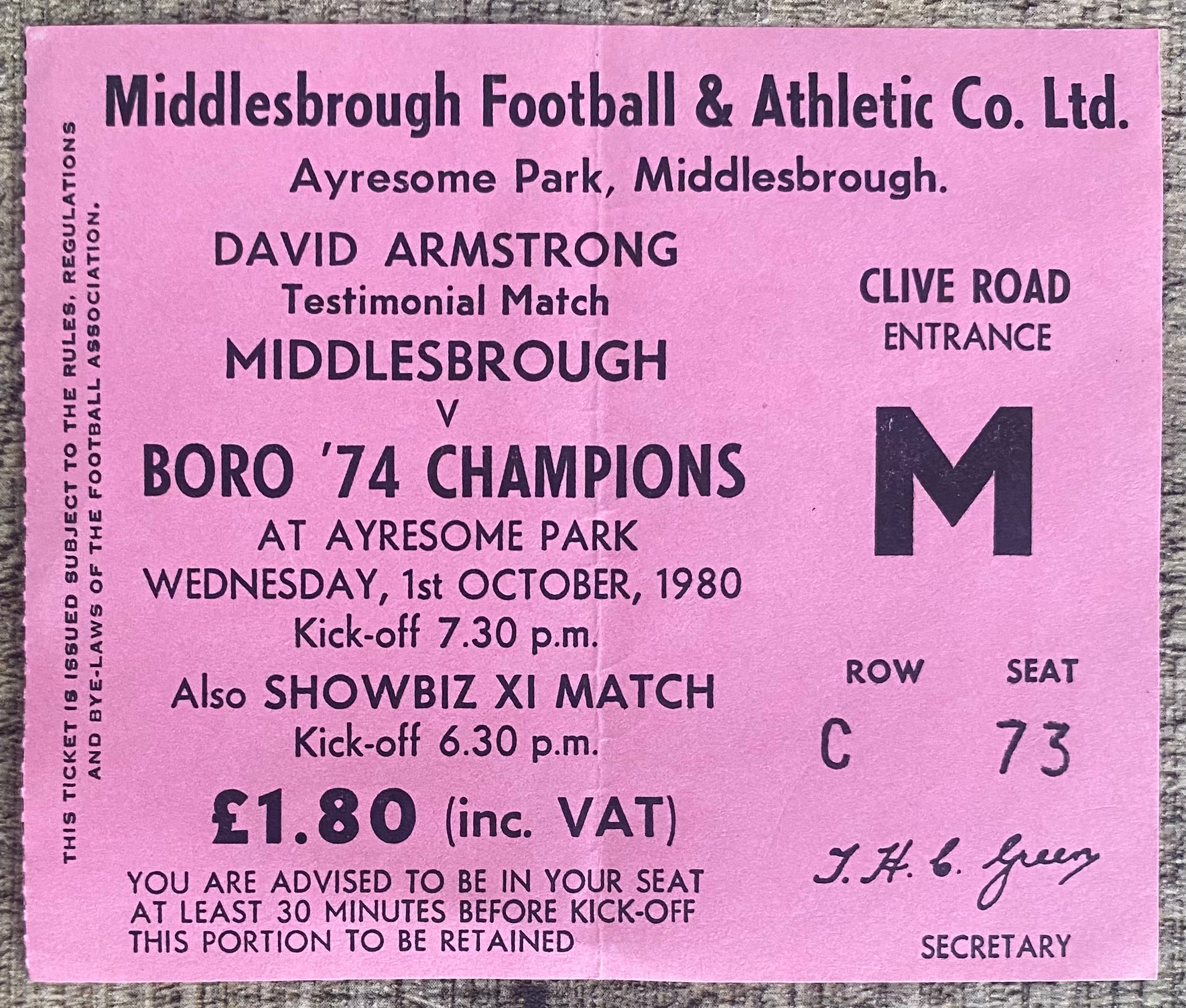 1980/81 ORIGINAL DAVID ARMSTRONG TESTIMONIAL TICKET MIDDLESBROUGH V BORO 74 CHAMPIONS