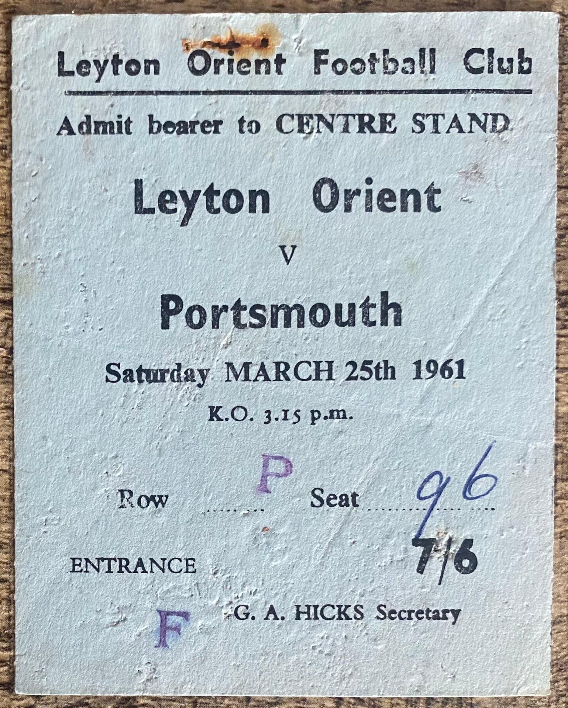 1960/61 ORIGINAL DIVISION 2 TICKET LEYTON ORIENT V PORTSMOUTH