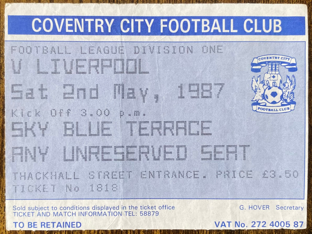 1986/87 ORIGINAL DIVISION 1 TICKET COVENTRY CITY V LIVERPOOL