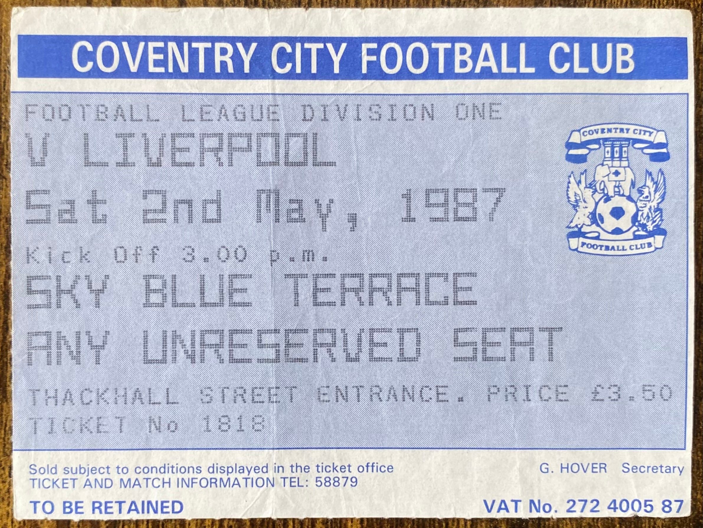 1986/87 ORIGINAL DIVISION 1 TICKET COVENTRY CITY V LIVERPOOL