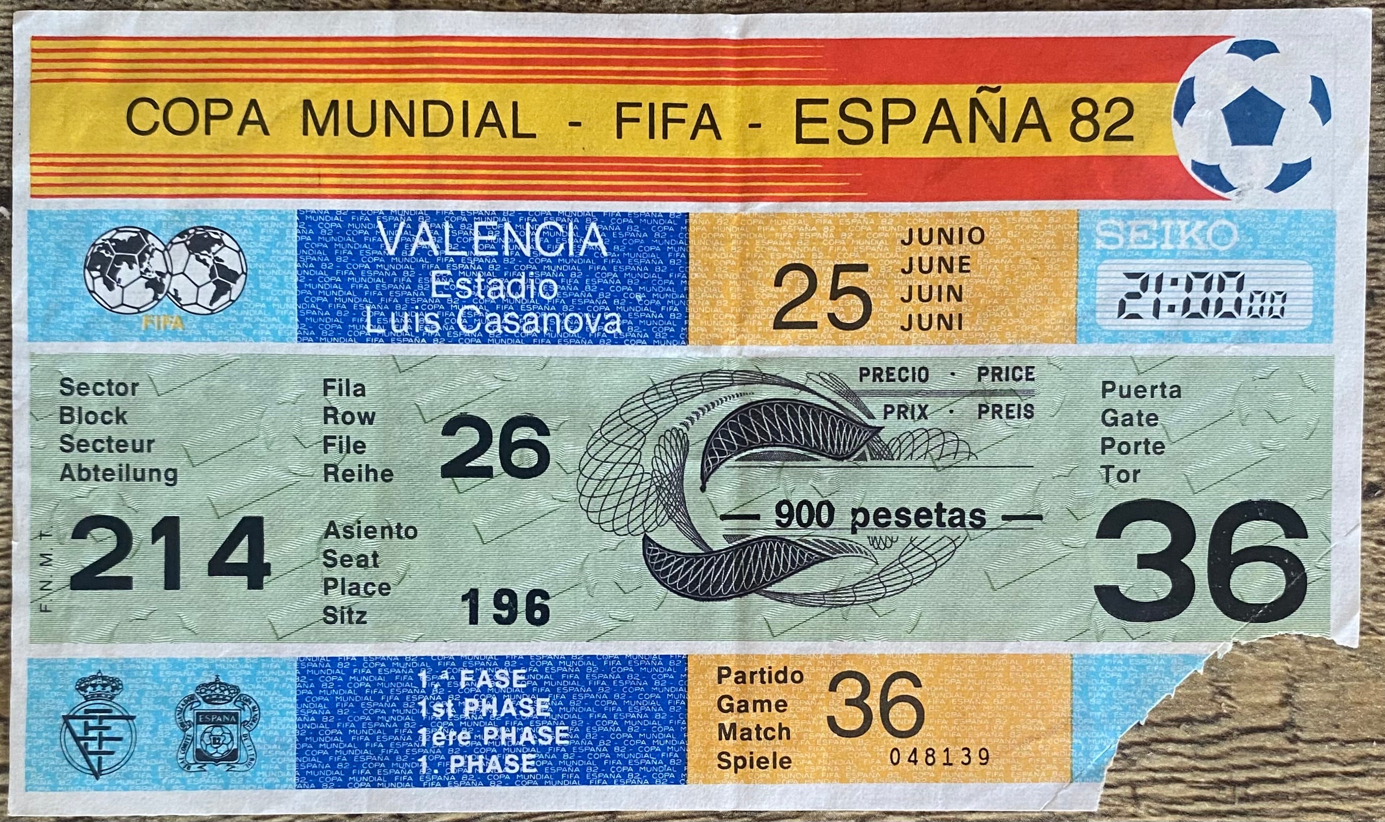 1982 ORIGINAL WORLD CUP 1ST ROUND TICKET SPAIN V NORTHERN IRELAND @ VALENCIA