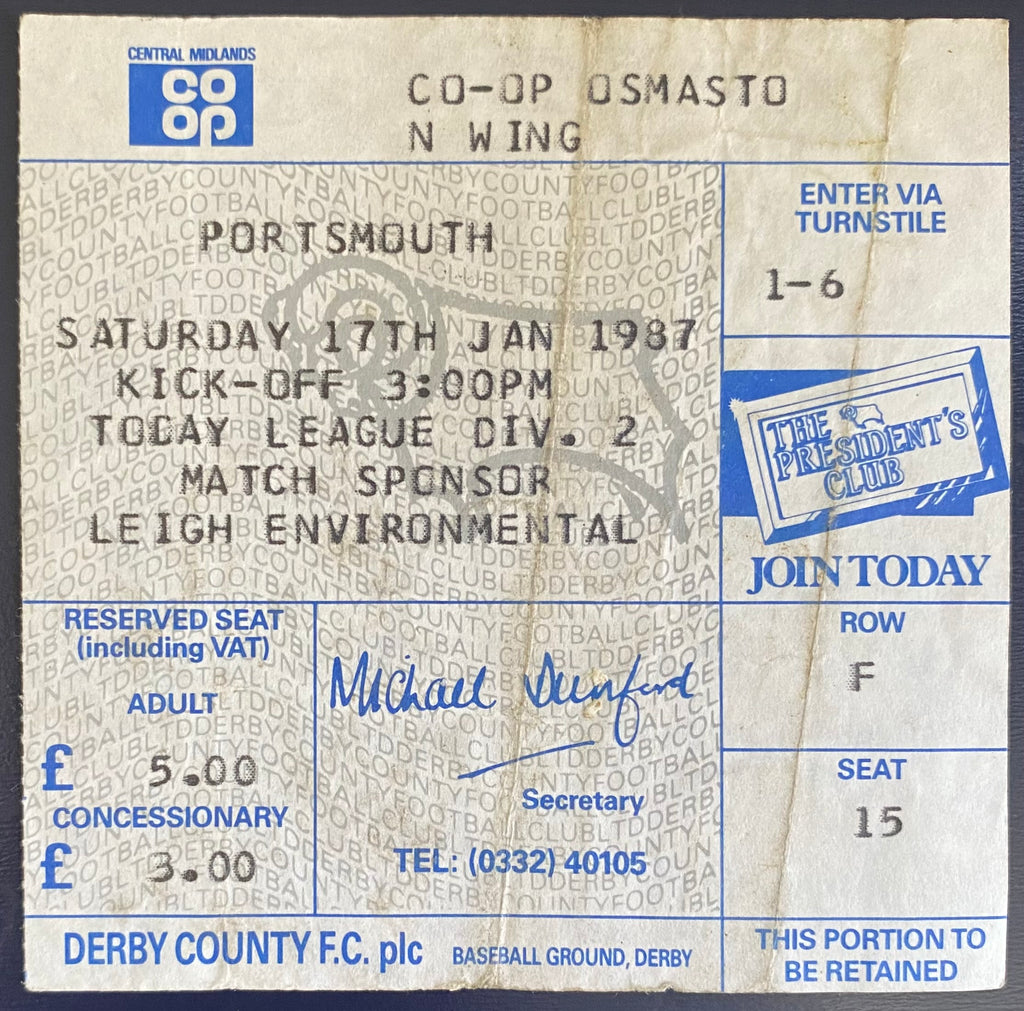 1986/87 ORIGINAL DIVISION 2 TICKET DERBY COUNTY V PORTSMOUTH