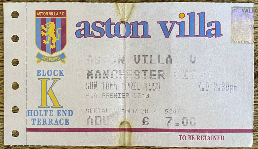 1992/93 ORIGINAL PREMIER LEAGUE TICKET ASTON VILLA V MANCHESTER CITY