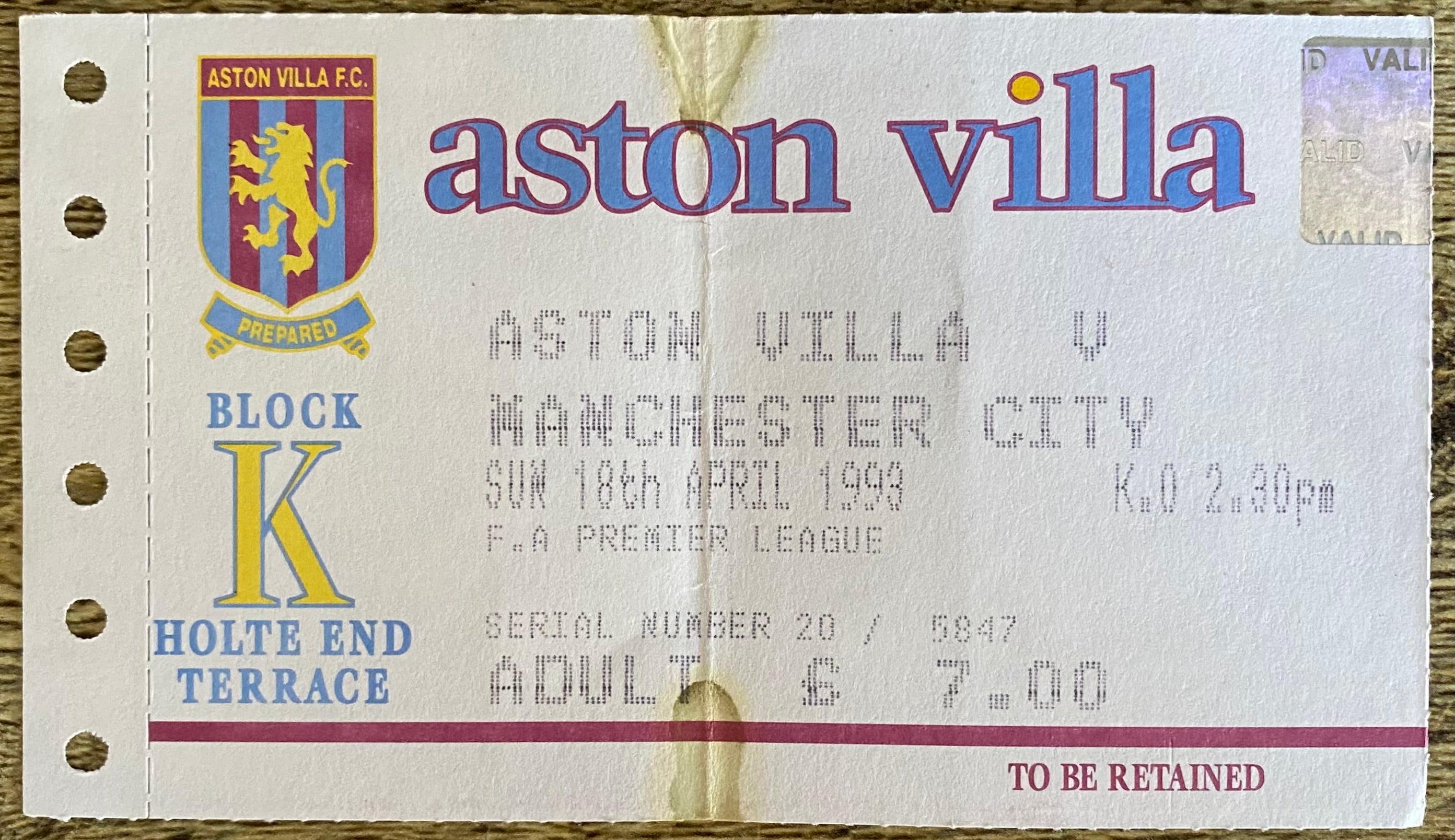 1992/93 ORIGINAL PREMIER LEAGUE TICKET ASTON VILLA V MANCHESTER CITY