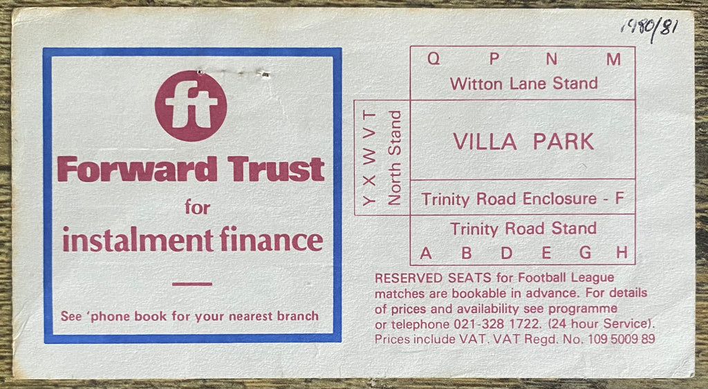 1980/81 ORIGINAL DIVISION 1 TICKET ASTON VILLA V MANCHESTER CITY