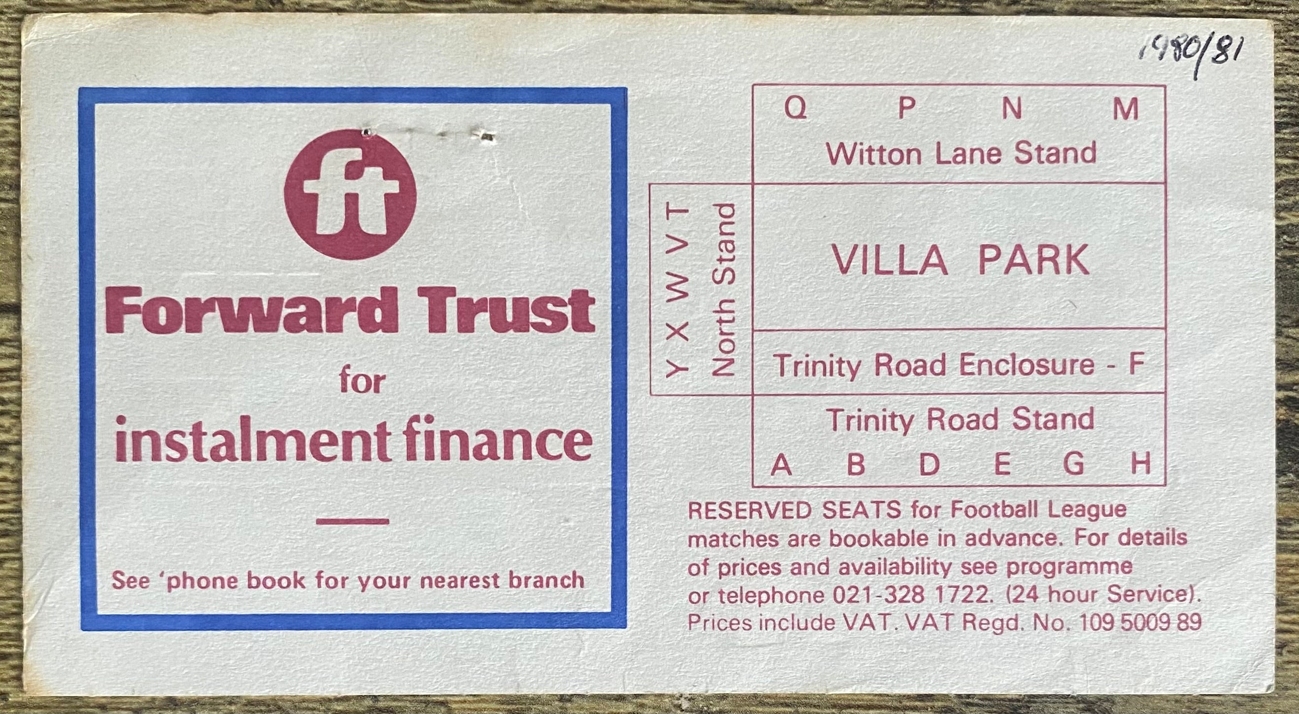 1980/81 ORIGINAL DIVISION 1 TICKET ASTON VILLA V MANCHESTER CITY