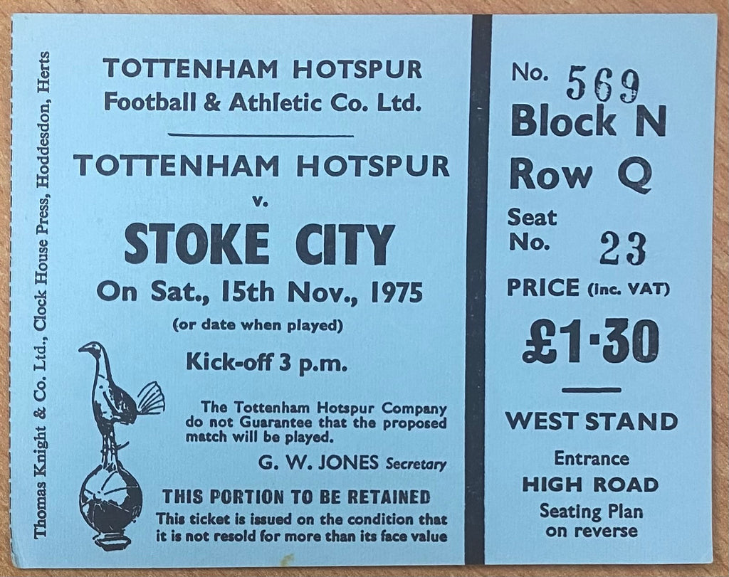 1975/76 ORIGINAL DIVISION ONE TICKET TOTTENHAM HOTSPUR V STOKE CITY