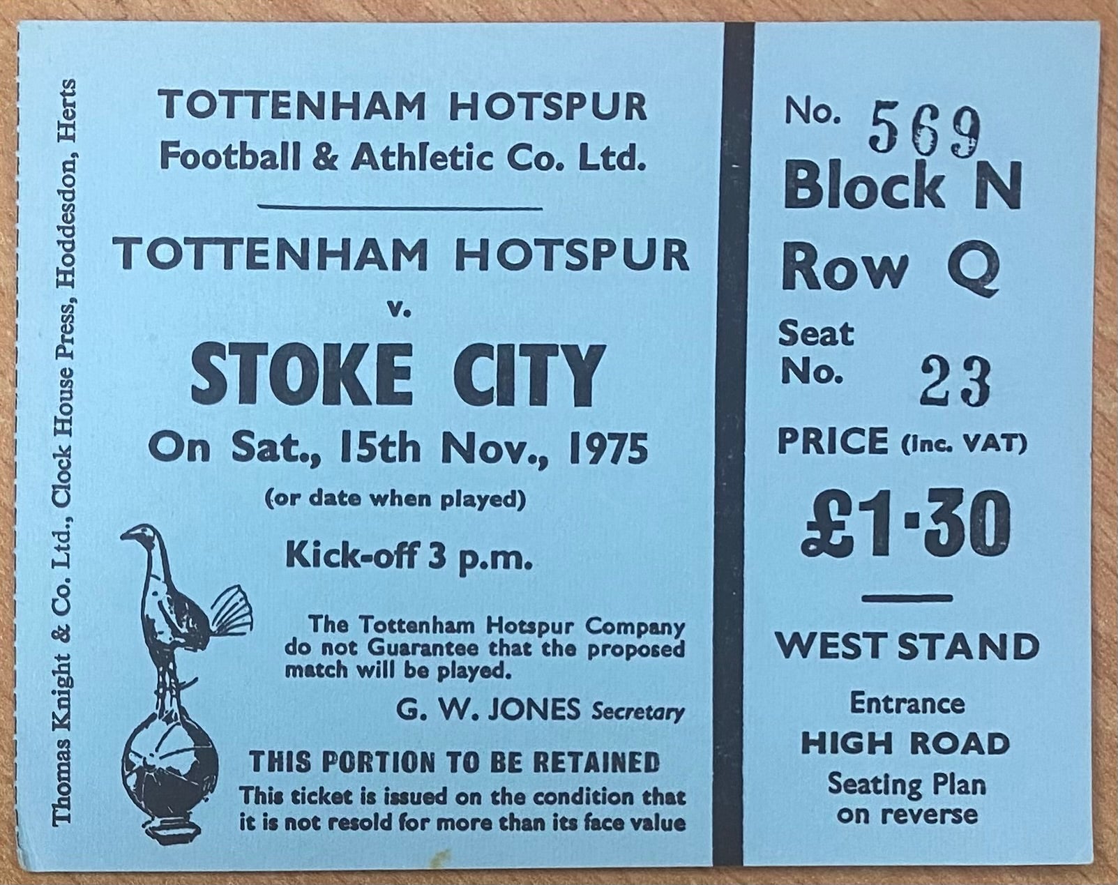 1975/76 ORIGINAL DIVISION ONE TICKET TOTTENHAM HOTSPUR V STOKE CITY