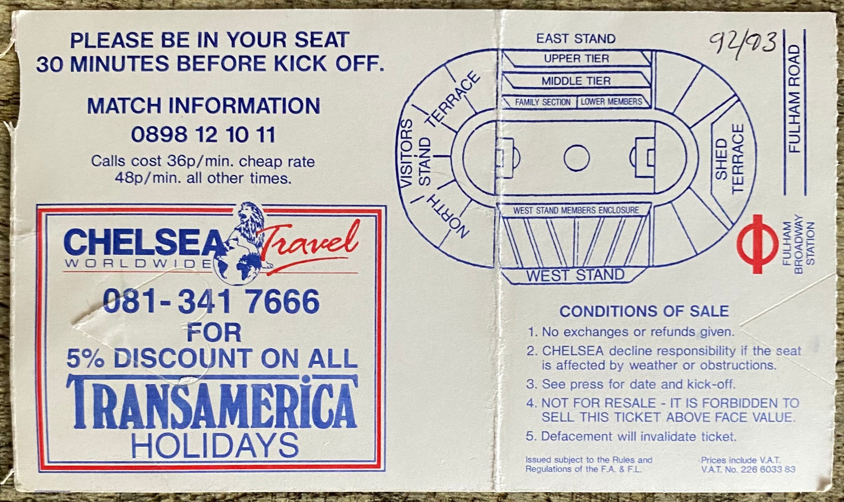 1992/93 ORIGINAL COCA COLA CUP 3RD ROUND TICKET CHELSEA V NEWCASTLE UNITED