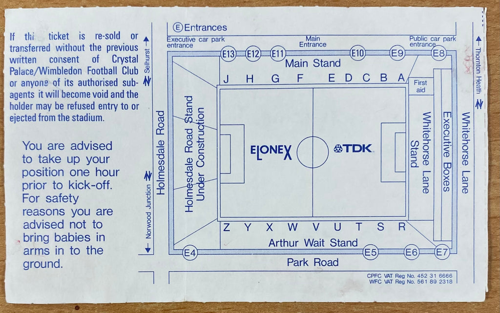 1994/95 ORIGINAL FA PREMIERSHIP TICKET CRYSTAL PALACE V ARSENAL