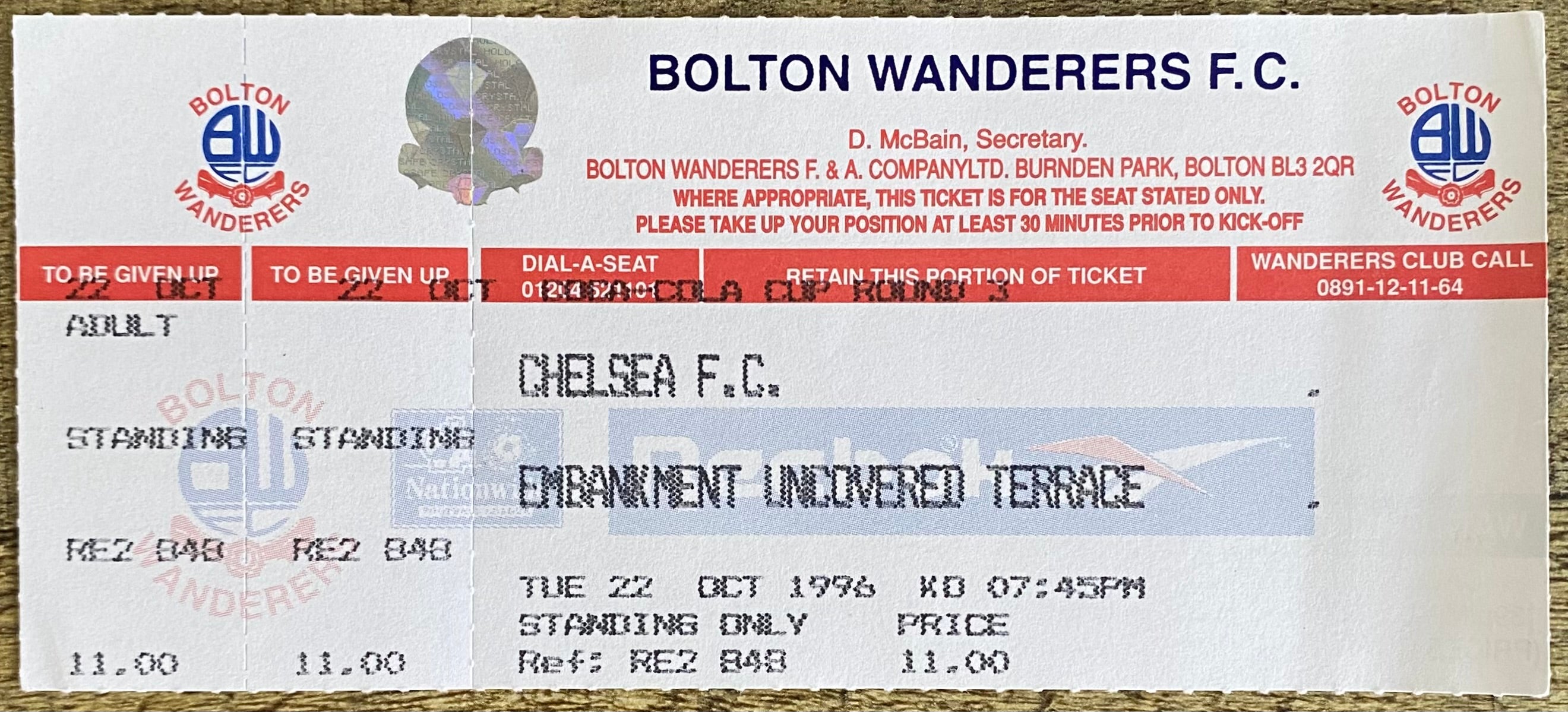 1996/97 ORIGINAL COCA COLA CUP 3RD ROUND UNUSED TICKET BOLTON WANDERERS V CHELSEA