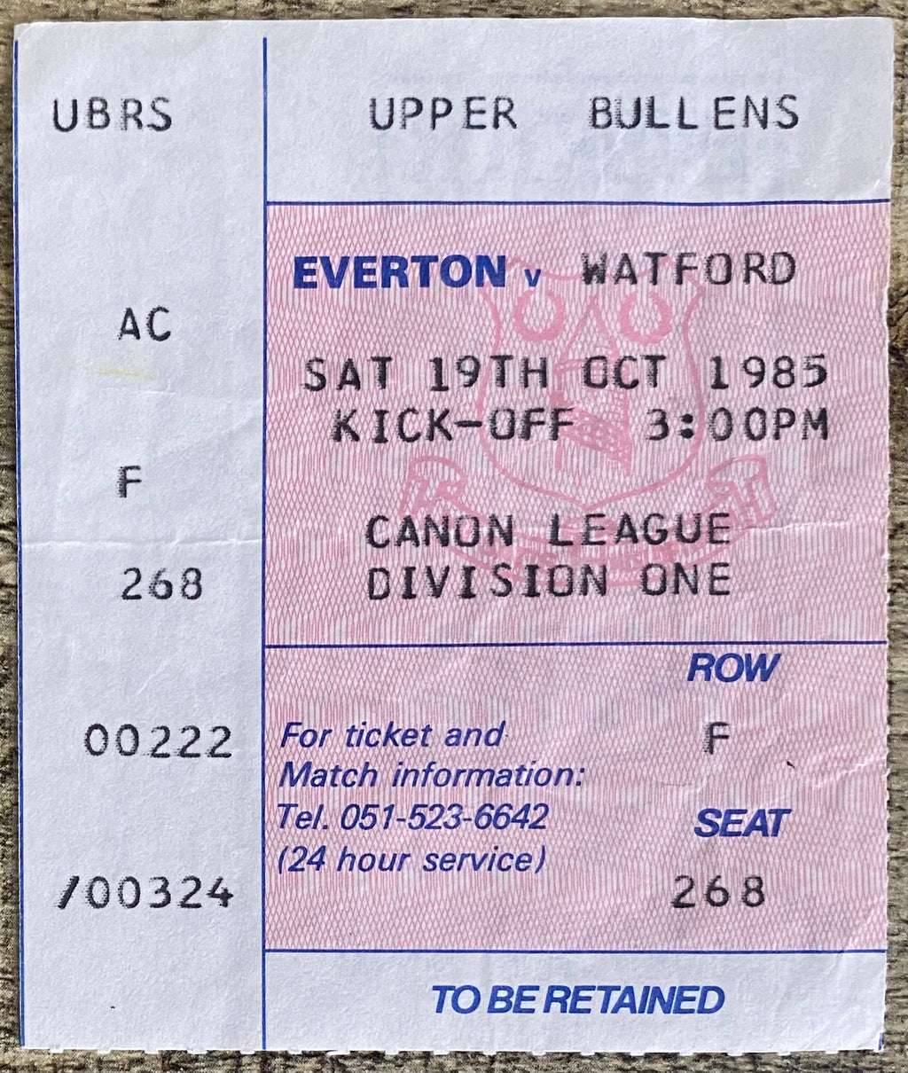 1985/86  ORIGINAL DIVISION ONE TICKET EVERTON V WATFORD