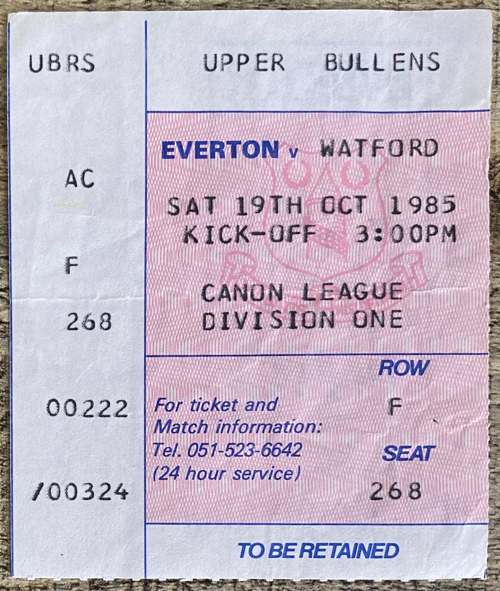 1985/86  ORIGINAL DIVISION ONE TICKET EVERTON V WATFORD