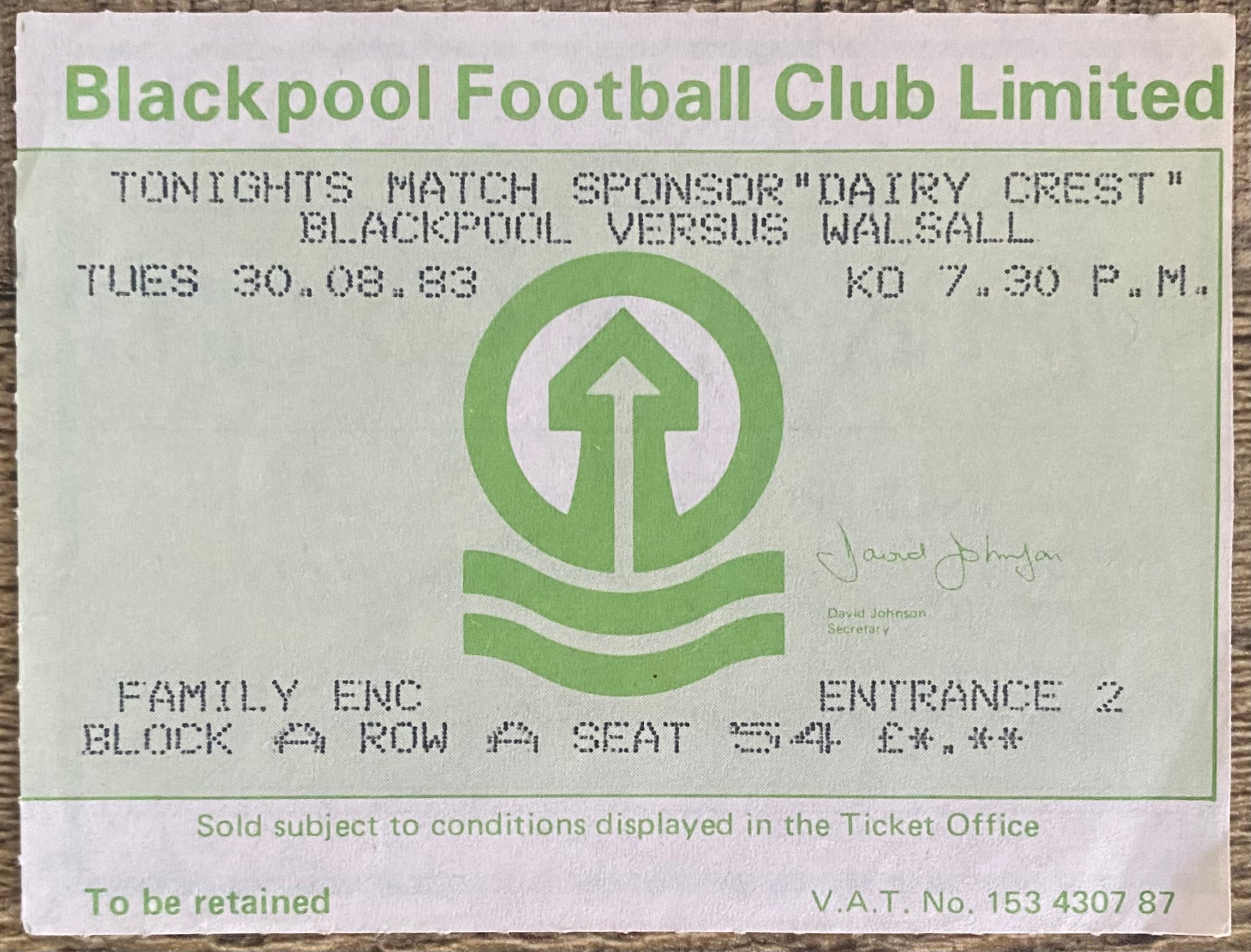 1983/84 ORIGINAL MILK CUP CUP 1ST ROUND 1ST LEG TICKET BLACKPOOL V WALSALL