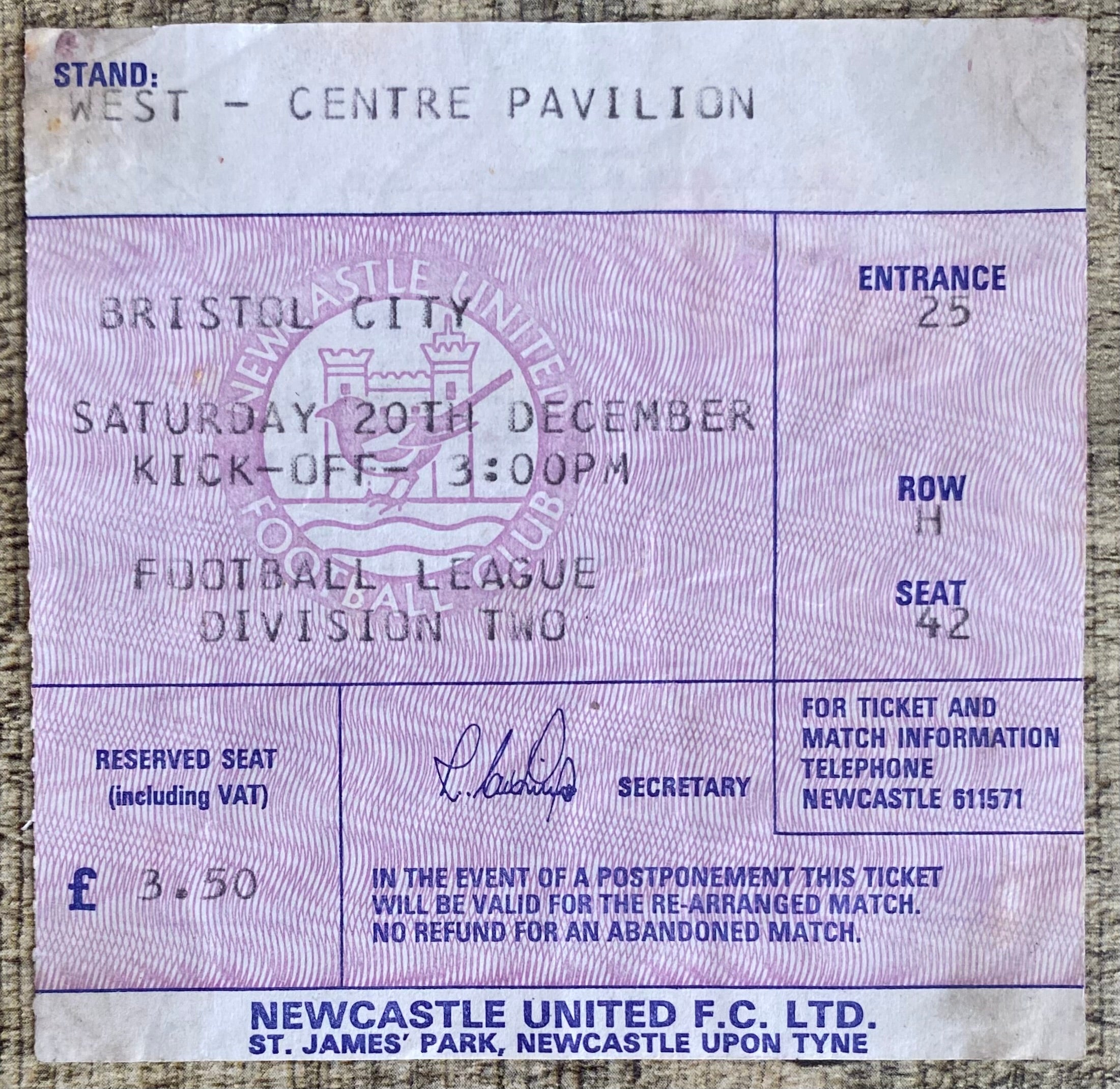 1980/81 ORIGINAL DIVISION TWO TICKET NEWCASTLE UNITED V BRISTOL CITY