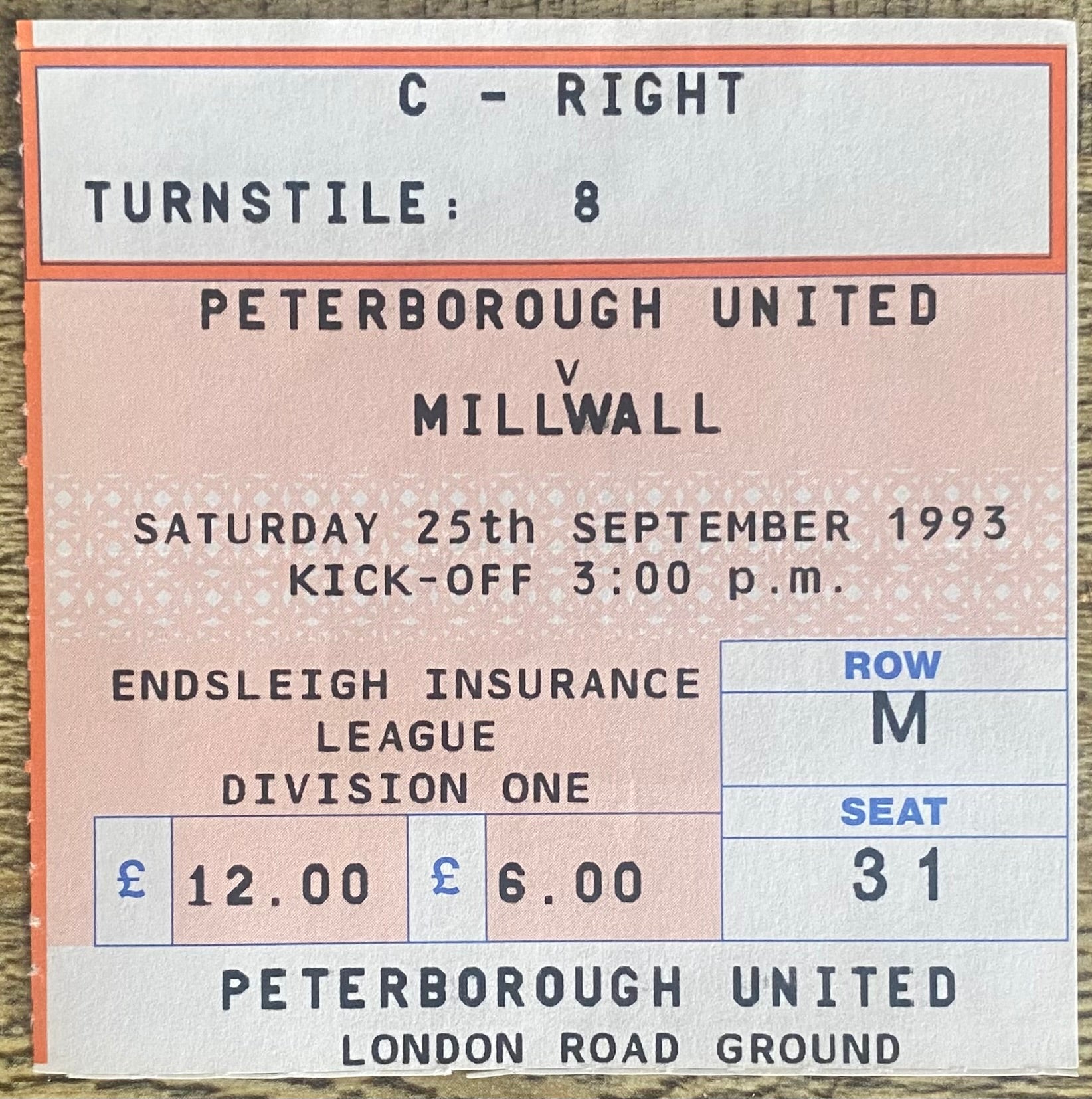 1993/94 ORIGINAL DIVISION 1 TICKET PETERBOROUGH UNITED V MILLWALL