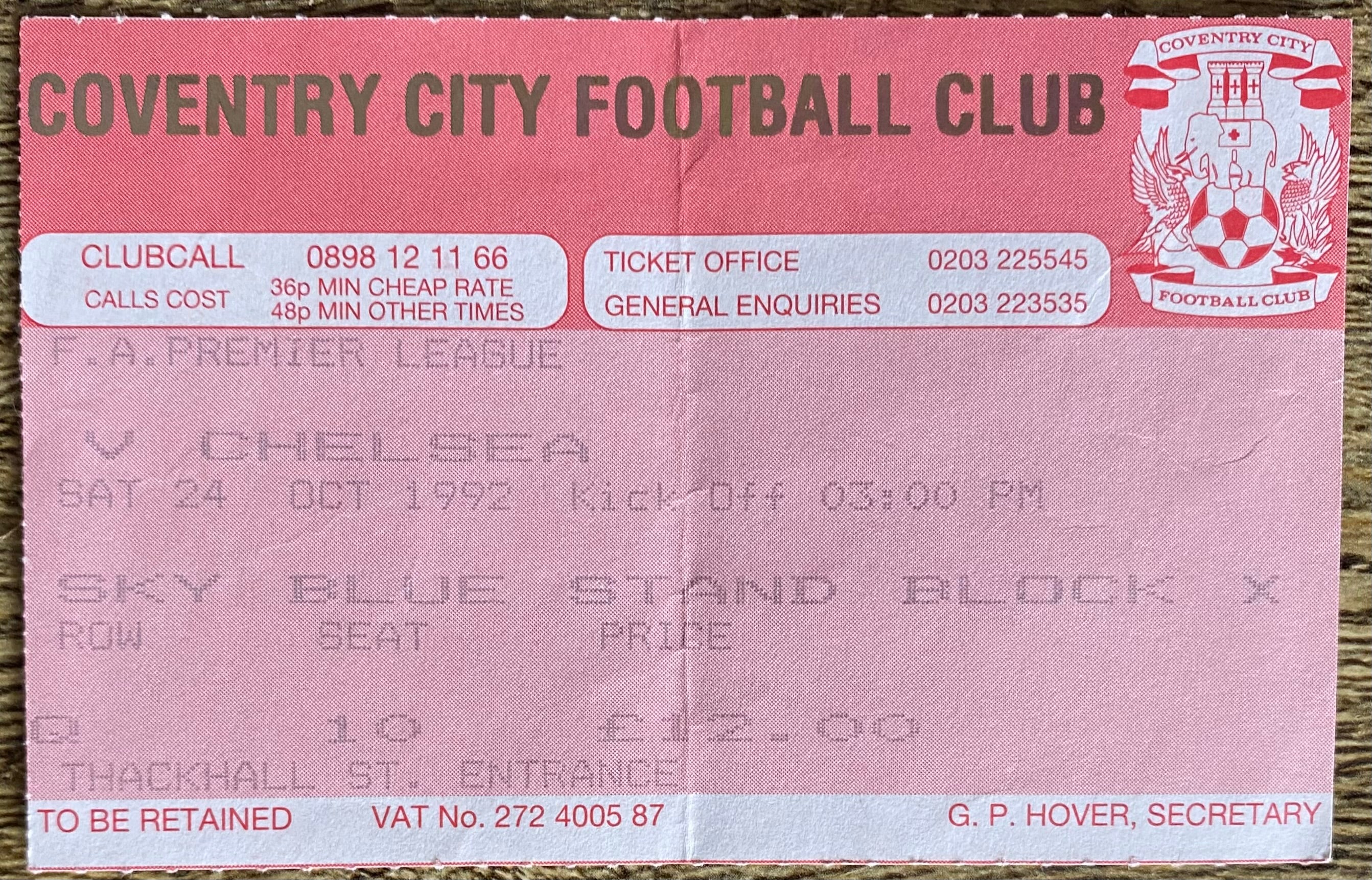 1992/93 ORIGINAL PREMIER LEAGUE TICKET COVENTRY CITY V CHELSEA